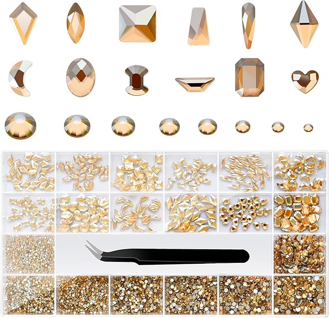 Nail Rhinestones Set, Multi Shapes Champagne Gold Rhinestones for Nails, Mixed Size Nail Charms, Flatback Nail Jewels with Wax Pencil and Tweezers, Storage in Rinestones Set Box