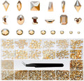 Nail Rhinestones Set, Multi Shapes Champagne Gold Rhinestones for Nails, Mixed Size Nail Charms, Flatback Nail Jewels with Wax Pencil and Tweezers, Storage in Rinestones Set Box