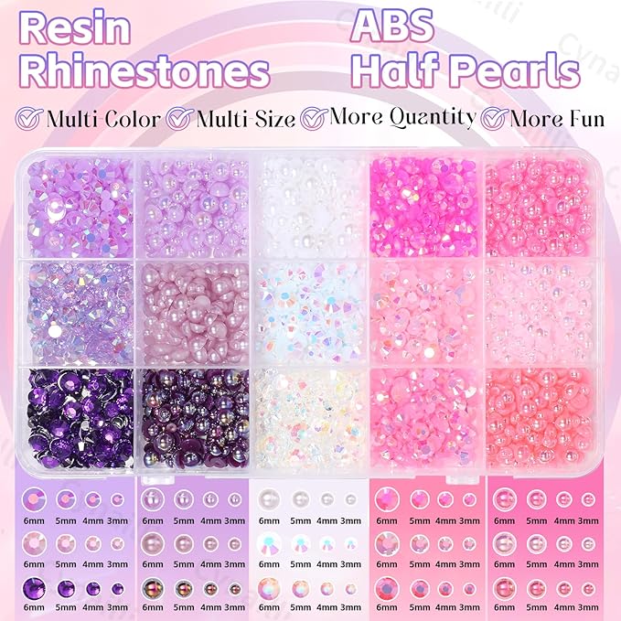 15 Grids Pearls and Resin Rhinestones for Crafting, Pink Colors White Purple Bedazzling Gems Kit, Jelly Resin Rhinestones for Nails Face Eyes Makeup Crafts Tumblers Bottles
