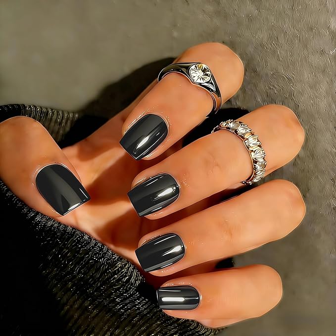 Chrome Press on Nails Short Square, Metallic Smoky Gray Fake Nails with a Sparkle Mirror Finish, Glitter Glue on Nails for Women Birthday Party, Thick Quality Soft Gel Nail Press ons 30 Pcs