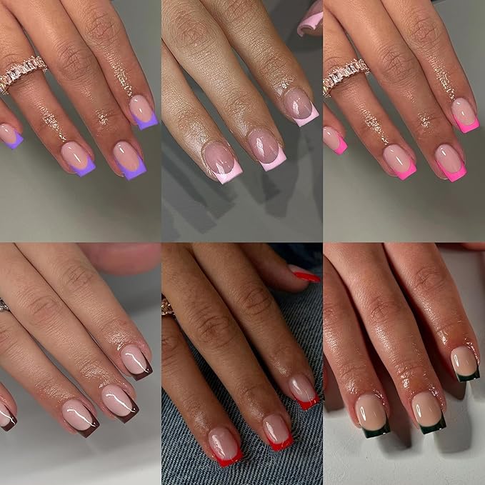 180 Pcs 6 Pack French Tip Press On Nails Short Square, KQueenest French Tip Fake Nails Press ons, Natural Nude Glue on Nails Short, Elegant Reusable Gel Stick on Nail for Women Spring Summer Wear