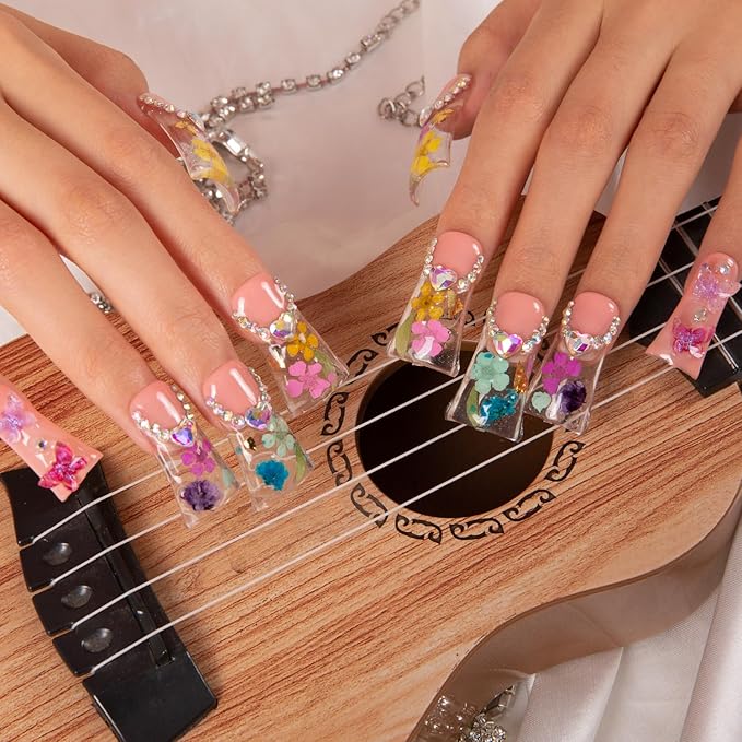 LOVFUL Press on Duck Nails Flora | Salon Quality Handmade Acrylic with Full Covered Crystals | Reusable Fake Nails | Duck Classic Regular 1.3 in | H176-L
