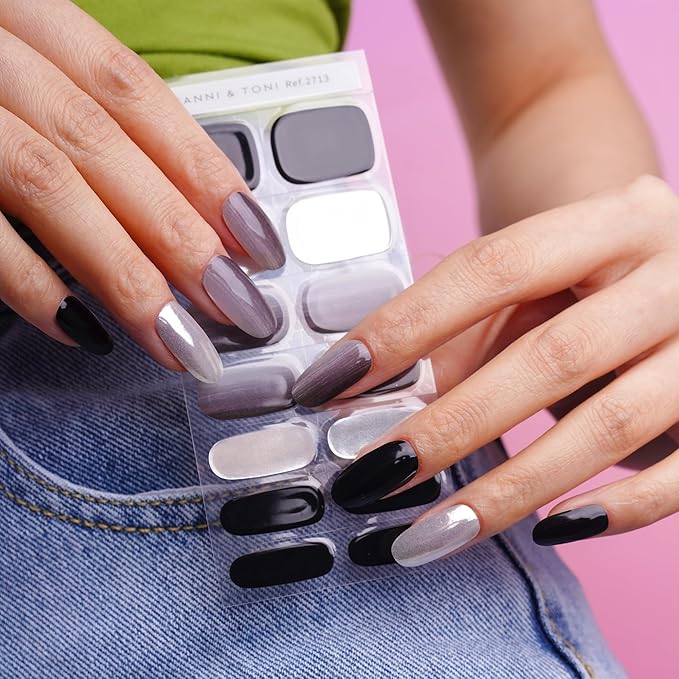 DANNI & TONI Semi Cured Gel Nail Strips Black Silver Ombre (Moon Veil) Mirror Gel Nail Wraps 28 Stickers