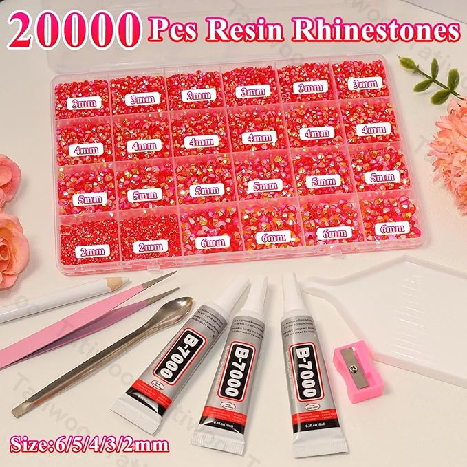 20000Pcs Red Flatback Jelly Resin Rhinestones for Bedazzling, Mix Sizes Crystal Rhinestones Gems, Red Gems Bedazzling for Crafting, Flatback Rhinestone for DIY Face Makeup Crafts Tumblers