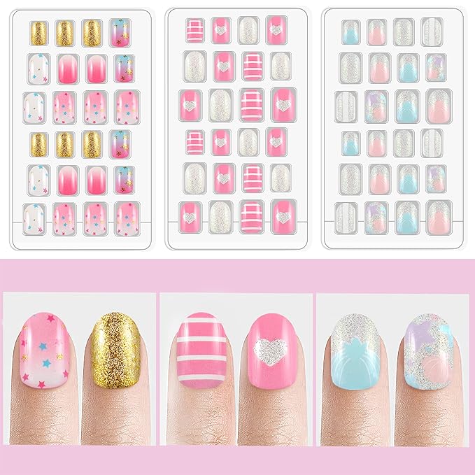 Laza 72pcs Children Nails Press On Pre-glue Full Cover Gold Silver Glitter Pink Blue Shell Star Heart Short False Nail Kits for Kids Teenager Girls - Glitter Stars