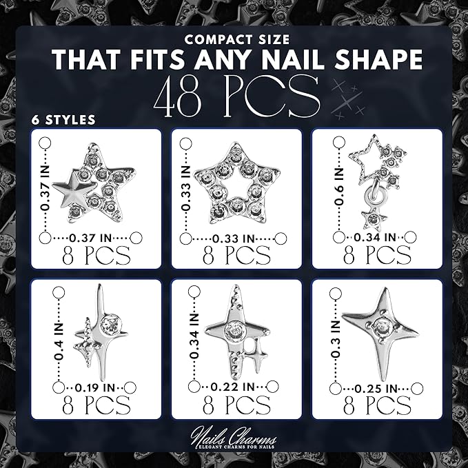 48 Pcs Star Nail Charms – Silver Star Charms for Nails with Shimmer Nail Rhinestones, Lightweight & Long-Lasting, Easy Application – 3D Raised Design for Standout Looks & Statement Manicure Ideas