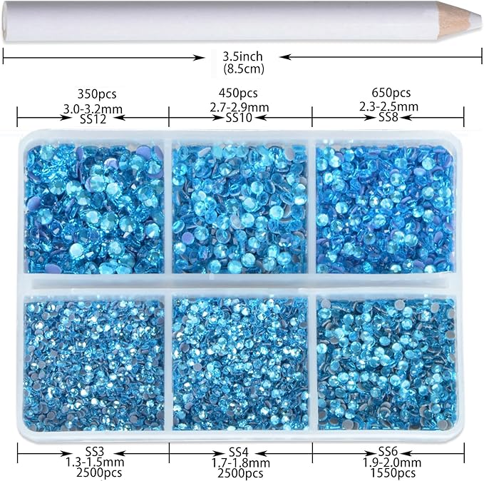 8000pcs Hotfix Rhinestones Flatback,Rhinestones for Crafts Clothes Mixed 6 Sizes, Hotfix Crystals with Wax Pencil Kit, SS3-SS12,Aquamarine