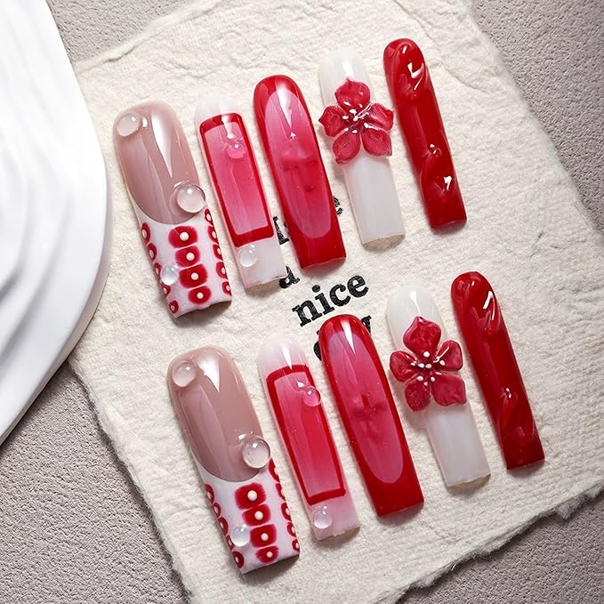 10Pcs Extra Long Square Handmade Press On Nails - Red Ombre French Tip Luxury Full Cover Acrylic Fake Nails with 3D Flower Designs for Women (Size M)