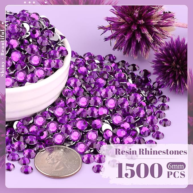 1500PCS 6mm Resin Rhinestones Bulk for Crafting (Dark Violet), Flatback Bedazzling Crystals for Crafts DIY Nail Decoration, Gems Charms for Tumbler Shoes Clothing Fabric with Pickup Pen and Tweezers