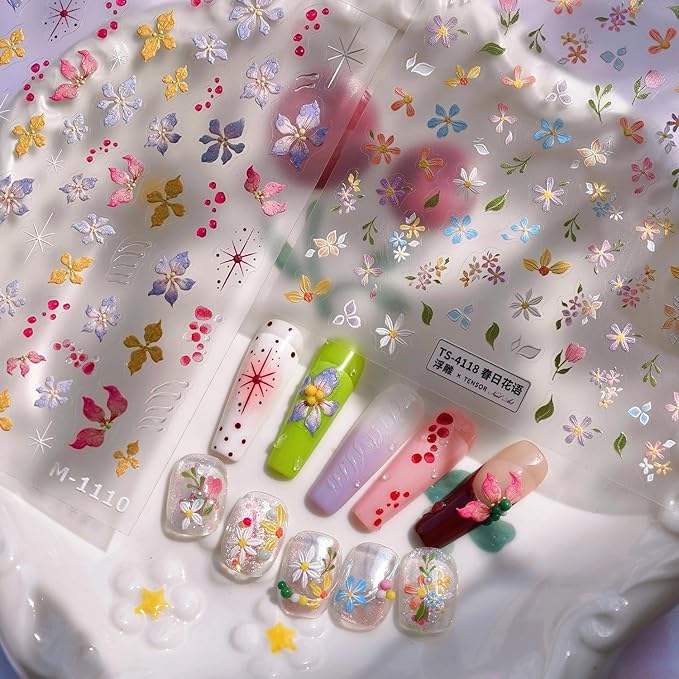 Dedyel Colorful Flower Nail Stickers 5D Embossed Self Adhesive Nail Stickers Spring Summer Flower Design Nail Art Decoration for Women Girls Kids
