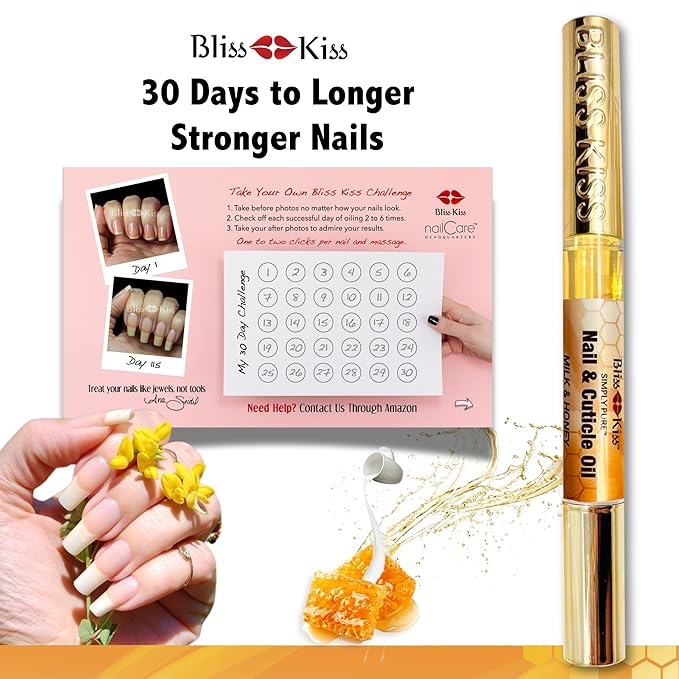 Bliss Kiss | 4 Milk & Honey | Oil Cuticle Pen w/Vitamin E & Jojoba⏤Nail Strengthener Nail Growth Serum for Brittle Peeling Breaking Thin Nails
