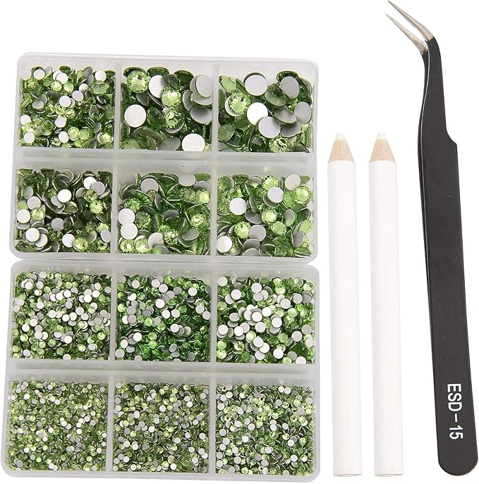 NCB 8000pcs Non Hotfix Rhinestones 10 Sizes Flatback Crystal Glass Rhinestones with Tweezers and Picking Pen for Nail Art Clothes Bags Phone Decorations Crafts DIY (009 Peridot Mix SS3-SS30)