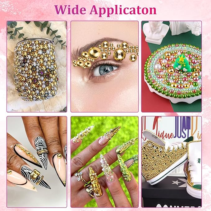 Belleboost Gold Nail Charms and Gems, Half Round Flatback Pearl Nail Charms, Nail Pearls Rhinestones Kit Gold Beads for Nails with Pickup Pencil and Tweezer for DIY Nail Art, Face Makeup and Crafting