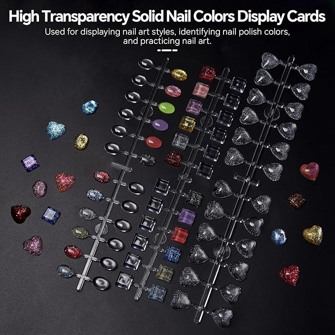 144Pcs Heart/Small Square/Oval False Nail Display Tips Clear Nail Art Color Display Chart with Adhesive Sticker Nail Polish Color Display Card Nail Swatches Training Practicing