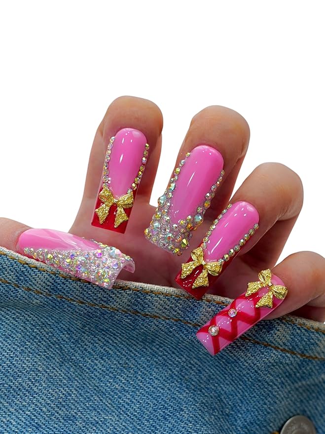 10PCS Pink and Red Gift Wrap Press On Nails – Long Coffin Fake Nails with Rhinestones & 3D Gold Bow Charms, Glossy Reusable Holiday Nails for Women and Girls – Euphrosyne