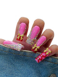 10PCS Pink and Red Gift Wrap Press On Nails – Long Coffin Fake Nails with Rhinestones & 3D Gold Bow Charms, Glossy Reusable Holiday Nails for Women and Girls – Euphrosyne