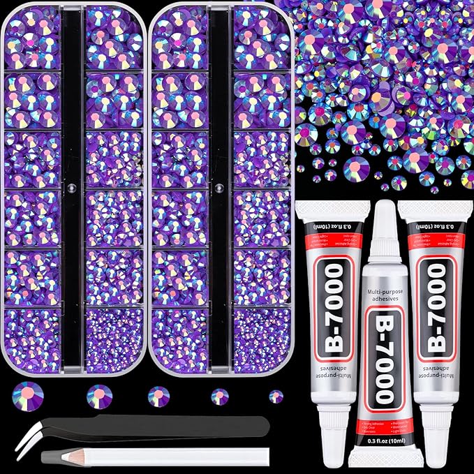 Resin Rhinestones for Crafting with 3Pcs 10ml B7000 Jewelry Glue, 2 Boxes Dark Purple AB Flatback Gems Crystals Diamond for Bedazzling Crafts DIY Nail Art Makeup,Gems for Clothing Tumblers Shoes