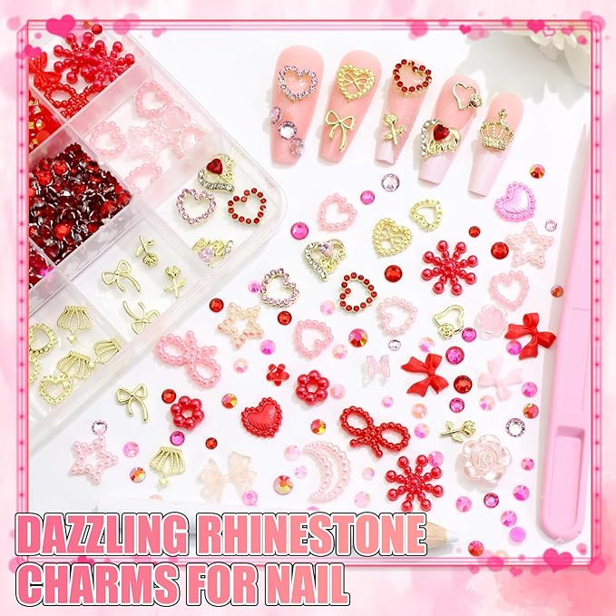 BELICEY Valentines Gold Heart Nail Charms 3D Metal Red Heart Nails Rhinestone and Gem Flatback Pink Bow Nail Jewelry for Valentine‘s Day DIY Manicure Decorations for Women Accessories Supplies