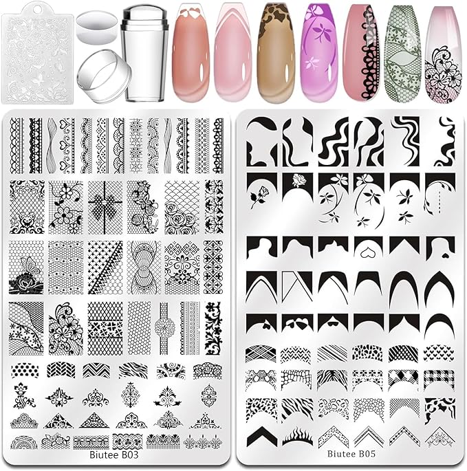 Biutee Nail Stamping Plates Set 2 PCS Large Plate 110 Patterns Nail Art Stamper Scraper Nail Stamp Template Kit French Line Lace Flower Design Masnicure Plates