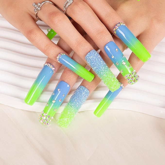 LOVFUL Press on Nails Dreamy Sky Luxury| Handmade with Full Covered Crystals| Reusable Fake Nails| Square Mid length 1.7in| H69-S