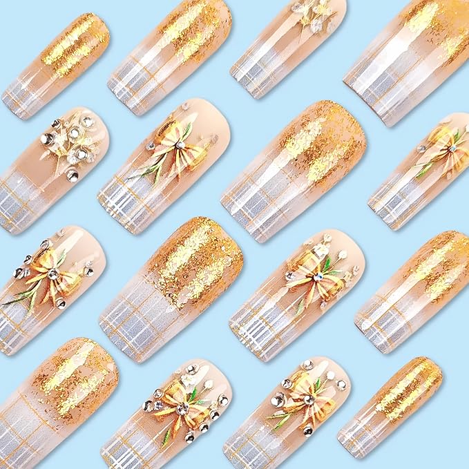 MISUD Press on Nails - Long Square Fake Nails with Bling Gold Glitter, Acrylic Plaid Bow Design 24 pcs