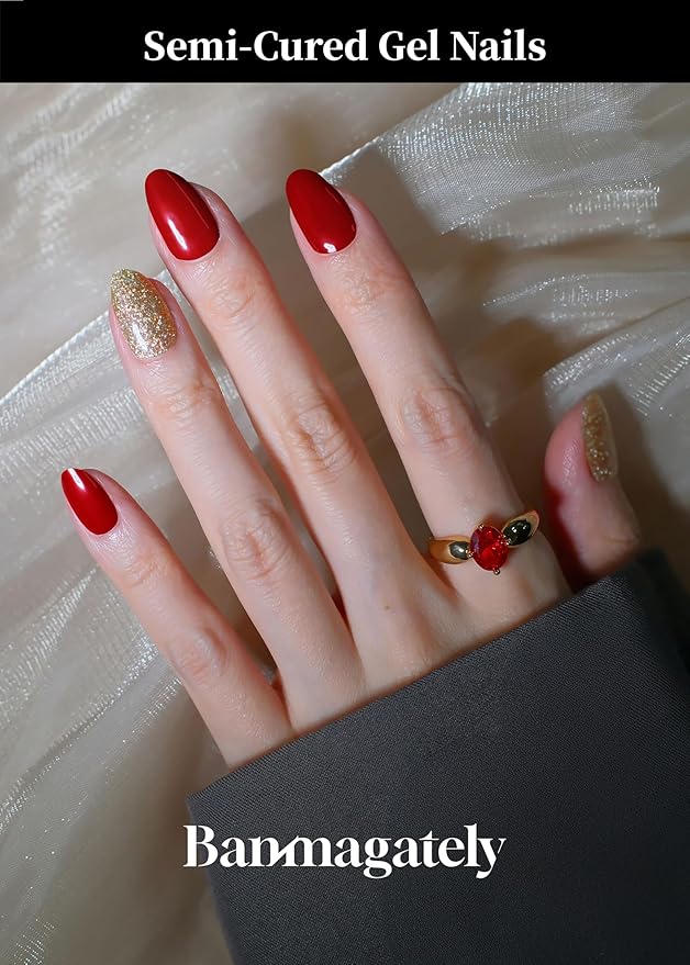 Semi Cured Gel Nail Strips, 20Pcs Long Lasting Salon Quality Wraps, Easy Apply & Remove Gel Nail Stickers with UV Light (Luxe Red Gold)