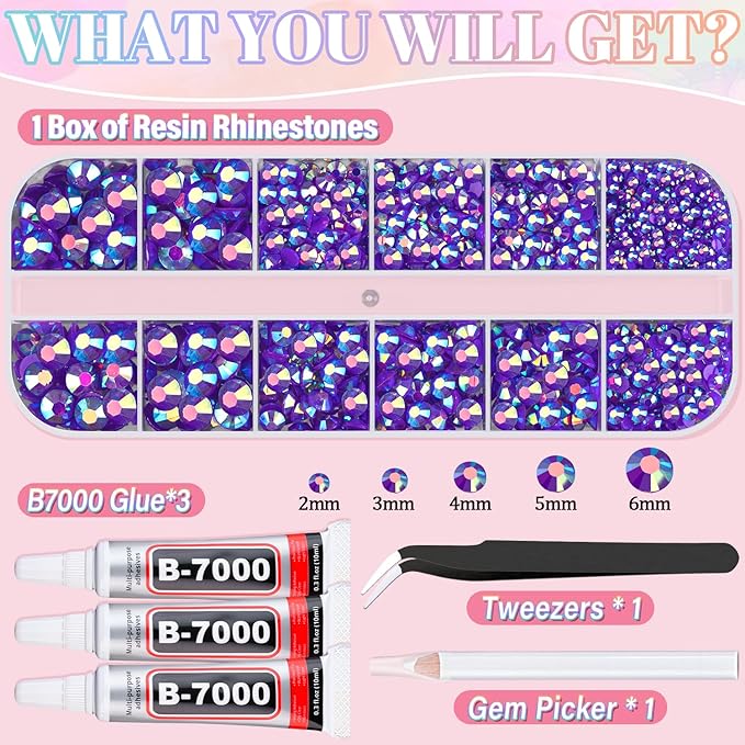 Resin Rhinestones for Crafting with 3Pcs 10ml B7000 Jewelry Glue, 1 Box Dark Purple AB Flatback Gems Crystals Diamond for Bedazzling Crafts DIY Nail Art Makeup, Gems for Clothing Tumblers Shoes