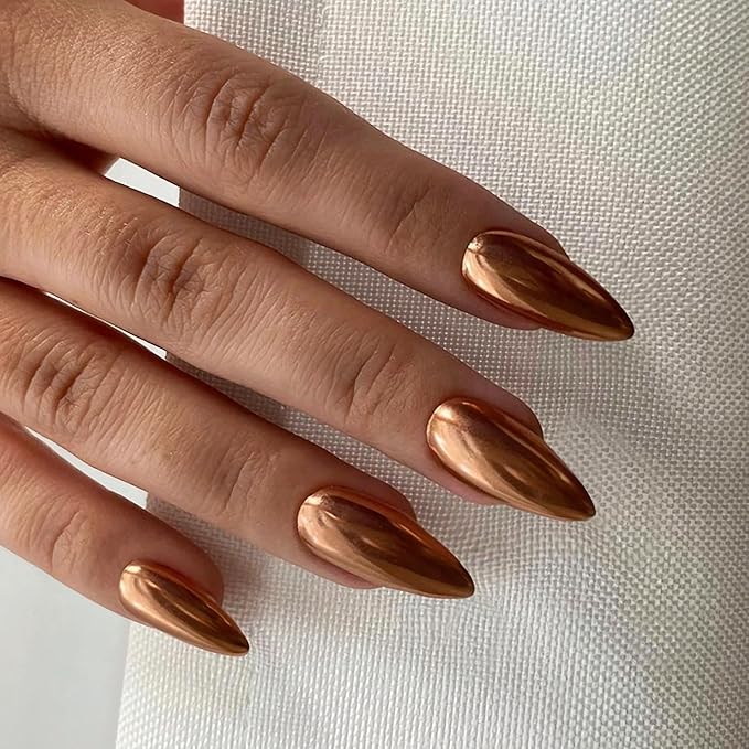 Chrome Press On Nails Almond, Metallic Bronze Mirrored Glue on Nails Medium Press Ons, Acrylic Natural Fit Stick on Nails in 12 Sizes - 24Pcs Fake Nail Kit for Women Daily & Party Wear