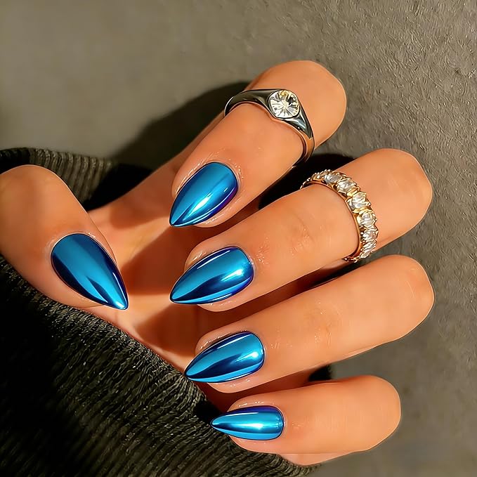 Chrome Press on Nails Short Almond, Metallic Royal Blue Fake Nails with a Sparkle Mirror Finish, Glitter Glue on Nails for Women Birthday Party, Thick Quality Soft Gel Nail Press ons 30 Pcs
