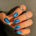 Chrome Press on Nails Short Almond, Metallic Royal Blue Fake Nails with a Sparkle Mirror Finish, Glitter Glue on Nails for Women Birthday Party, Thick Quality Soft Gel Nail Press ons 30 Pcs