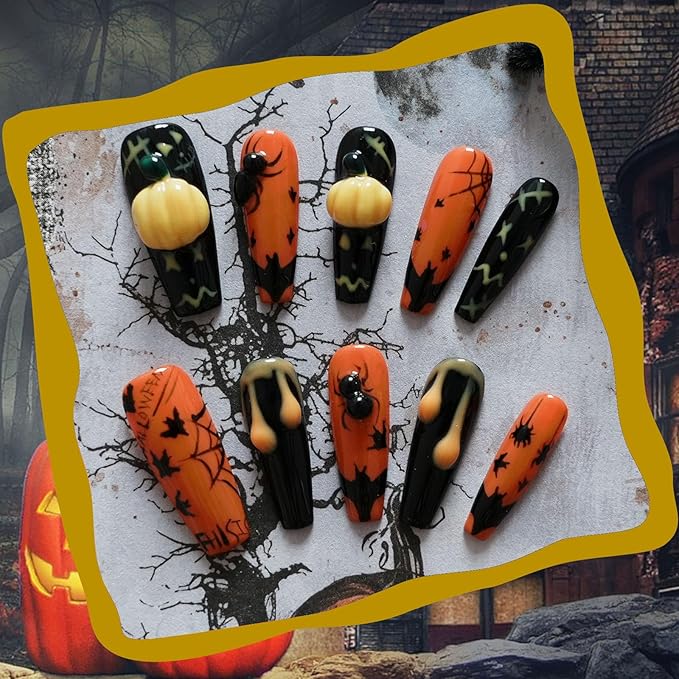Halloween Press on Nails Ballerina Shape Long Coffin - Black Base with Ant Web Bat Dripping Effect 3D Nail Art for Women & Girls (Pumpkin Bat Silhouette,S)