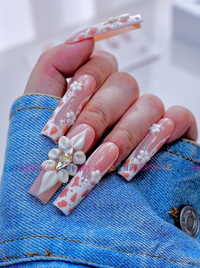 Euphrosyne Long White & Pink Press On Nails – 10pcs Square Fake Nails with 3D Flowers, Hearts & Leopard Print | Trendy Stick-On Nail Art for Women & Girls, Party or Everyday Look