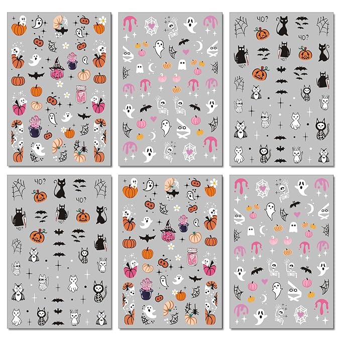 Halloween Nail Art Stickers, Pink Pumpkin Nail Decals, 3D Self-Adhesive Spider-Web Bat Design for DIY Nail Supplies Decoration (6 Sheets)