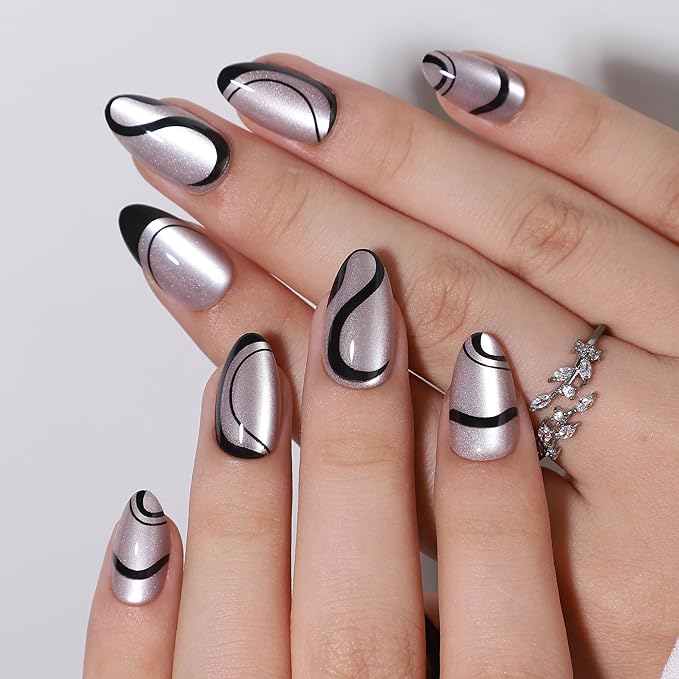 Gel Press On Nails- Almond Press On Nails, Short Fake Nail with Black French Tip Nail Designs, Artificial Nail 16 Sizes - 32Pcs Reusable Soft Gel False Nail Tips Kit，Glue On Nail Short