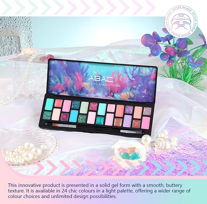 ABAC 24 Color Hema-Free Glitter Solid Gel Nail Polish,Ombre Gel Nail Polish,Pat Paint Nail Gel- Mermaid Ocean & Coral Reef Shades w/Pro Dual Brush Clump-Free for Pool Party,Spring/Summer Soak Off Gel