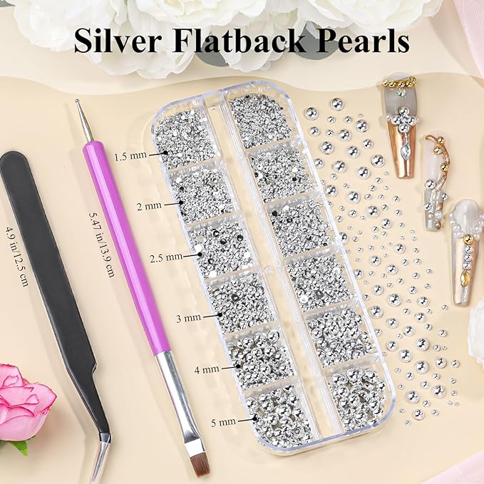 2160 Pcs Resin Half Round Pearls Kit, Mixed Sizes Flatback Silver Pearls, 3D Nail Decorations Pearls with Tweezers and Dual-end Brush for 3D Nail Crafts DIY, Face Makeup Gems Jewels(29-K1-2)