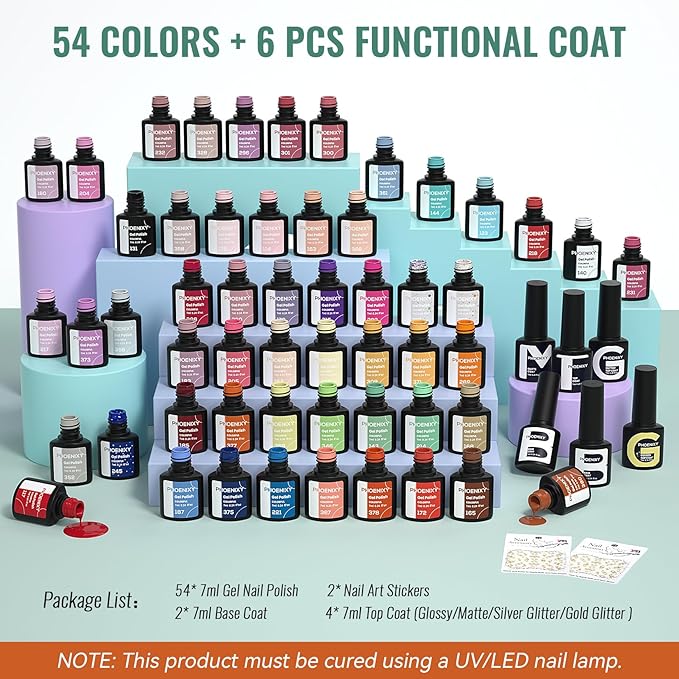 phoenixy 62 PCS Gel Nail Polish Set, 54 Colors Gel Polish with Base Coat & Glossy/Matte/Glitter Top Coat All Seasons Nail Polish Set Gifts for Women Girls