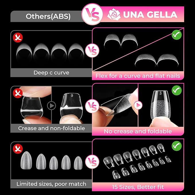 UNA GELLA Short Coffin Nails Tips: 510Pcs Soft Gel Nail Tips Coffin Acrylic Full Cover Short Coffin Press on Nails Pre-shaped Half Matte Clear False Nails For Nail Extensions Home DIY Salon 15 Sizes