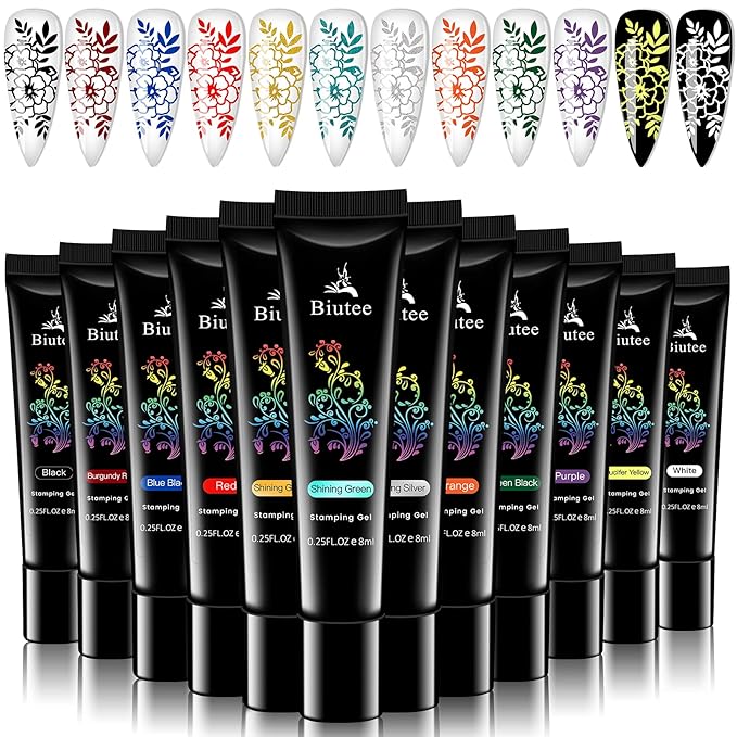 SEISSO Stamping Nail Polish Gels, 12 Colors Stamping Gels 0.25 Fl Oz Soak Off Printed Gel UV Stamp Nail Gel for Nail Stamp Plate Stamper DIY Nail Art Design