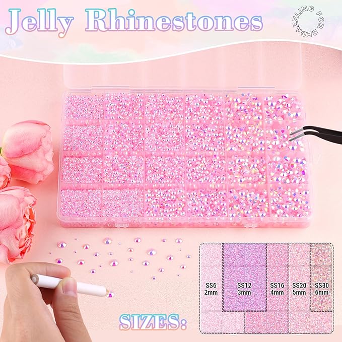 25000Pcs Resin Rhinestones with B7000 Jewelry Glue for Crafting, Light Pink AB 2-6mm Non Hotfix Flatback Gems, Bedazzling Crystal for DIY Crafts Clothing Tumblers Mugs Shoes Fabric Decor Nail Art