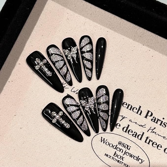 Black and Silver Press On Nails, Butterfly Design Cat Eye False Nails Set, Long Stiletto Shape, Handmade Gothic Glamorous Manicure, 10 Pieces (Large, LS)