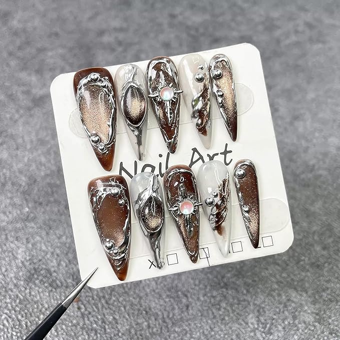 Handmade Long Press on Nails - Brown Cat's Eye Full Cover Fake Nails Glossy Almond False Nails with Embossed Swirl Design Acrylic Nails P ress ons Luxury Stick on Nail for Women 10Pcs(Size M)