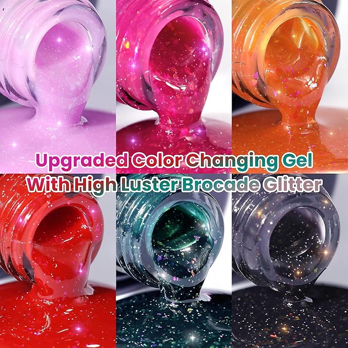 YTD Likomey Color Changing Gel Nail Polish with Base Coat and Top Coat Set,Fall Winter Shine Brocade Glitter Mood Temperature Change Red Green Pink Black Thermal Ombre UV Color Gel,8 Pcs 7.5 ml