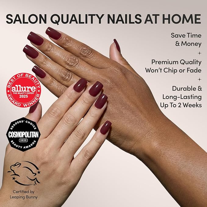 Glamnetic Press On Nails - Cherry Mocha | Dark Red Medium Square Fake Nails with a Glossy Finish, Salon Quality Halloween Nails | 15 Sizes - 30 Nail Kit with Glue