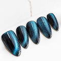 Sun&Beam Nails Handmade Press On Nail Medium Short Oval Blue Magnetic Cat Eye Fake Tip 3D Design Art Charms Cute with Storage Box 10 Pcs (#012 M)