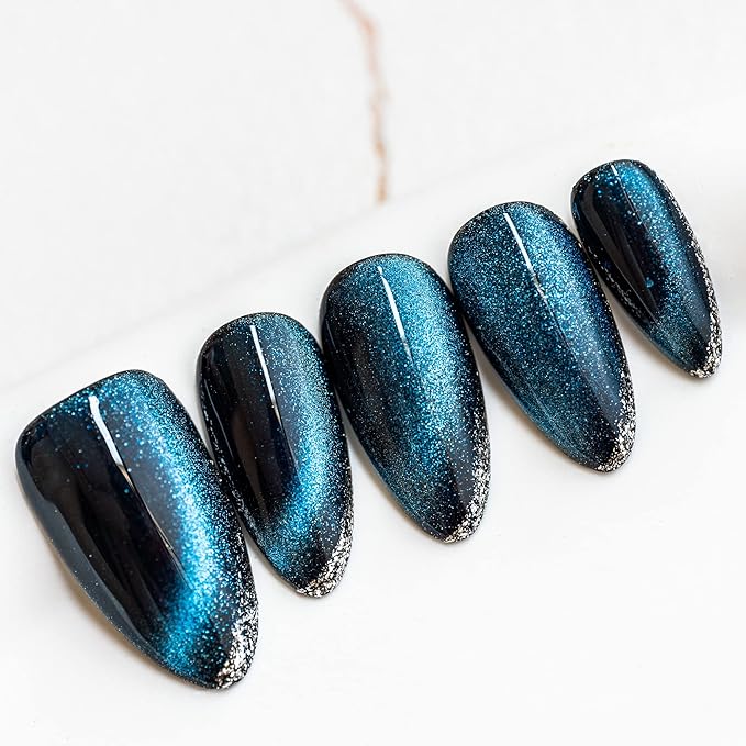 Sun&Beam Nails Handmade Press On Nail Medium Short Oval Blue Magnetic Cat Eye Fake Tip 3D Design Art Charms Cute with Storage Box 10 Pcs (#012 S)