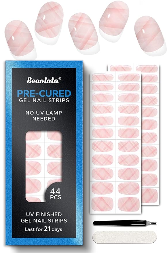 Pre Cured Gel Nail Strips - 44PCS Salon Quality Gel Nail Stickers - Long Lasting Polish Wraps for Women no UV Light Needed Easy Apply & Remove (Vintage Pink