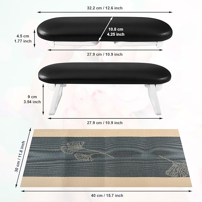 Diesisa Nail Arm Rest, Foldable PU Leather Nail Hand Rest For Nails Tech with Soft Table Mat, Soft Hand Rest for Acrylic Nails/Nail Hand Pillow for Manicure Salon Use-black