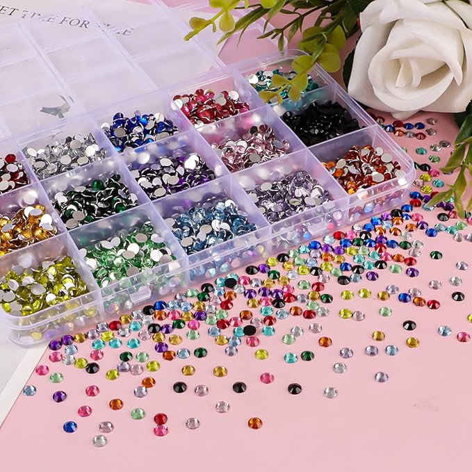 15000Pcs Flatback Rhinestones for Crafts, 5mm Mixed Color Crystals Rhinestone, Resin Flatback Glitter Gems Nail Diamonds Rhinestones for Clothes Accessories DIY