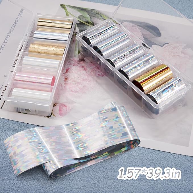 DANNEASY 12 Rolls Aurora Nail Art Foil Transfer, Iridescent Nail Foil Wraps Laser Gold Metallic Nails Stickers Starry Sky Holographic Nail Foils Design for Women Nails Supplies